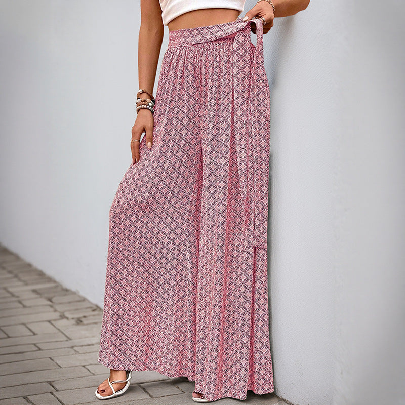 Geometric Print Flared Pants with Tie-Waist and Slit