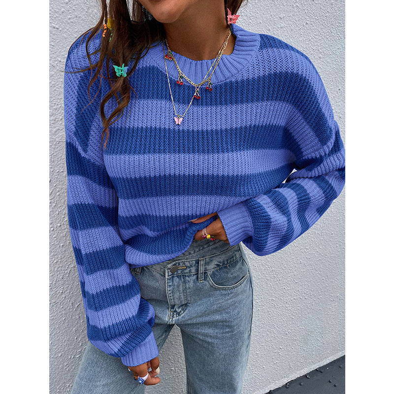 Oversized Striped Knit Sweater with Crewneck