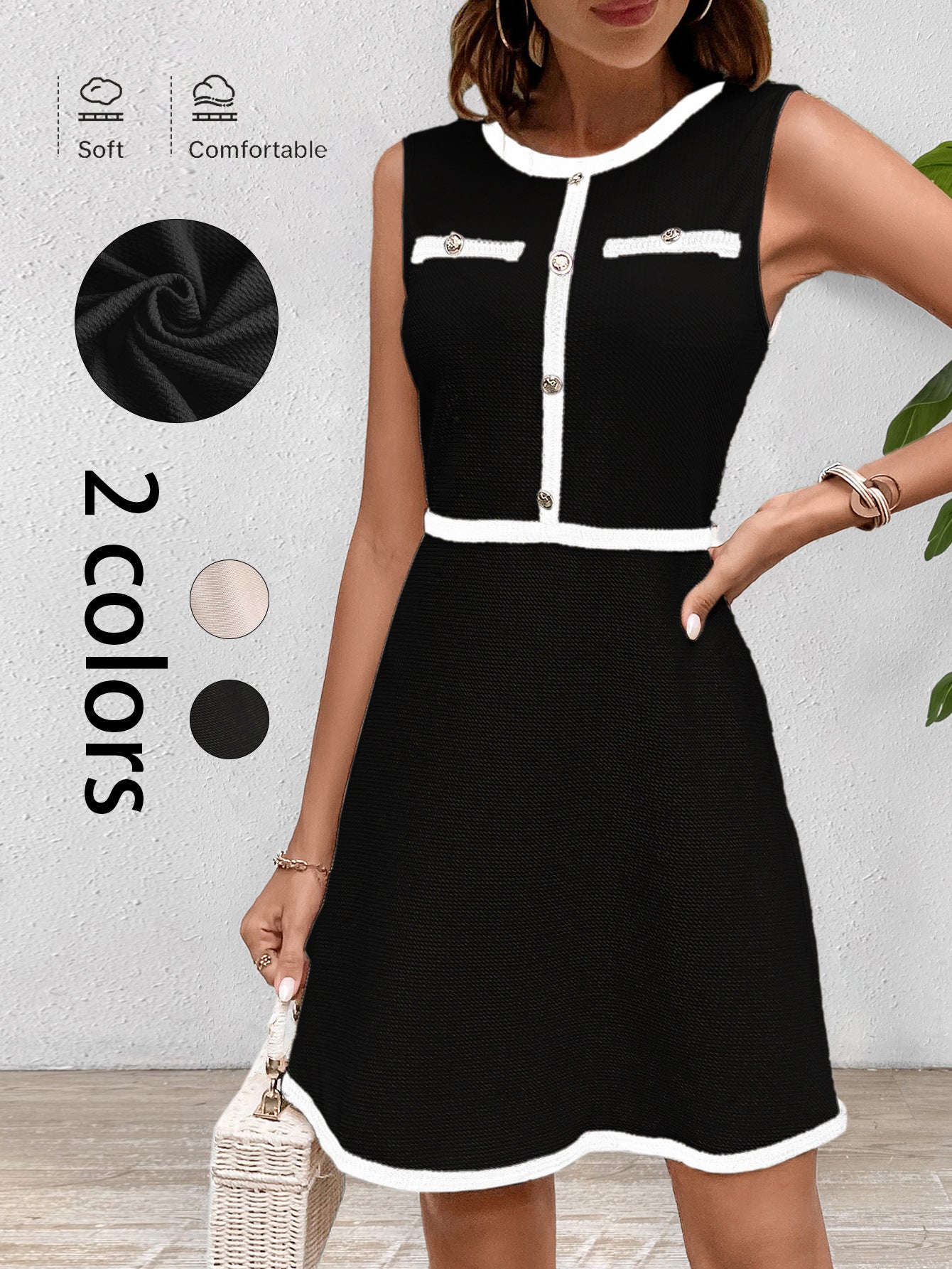 Sleeveless A-Line Dress with Contrast Trim and Button Detail