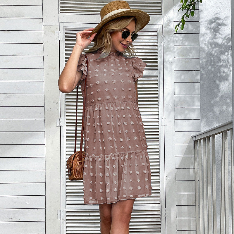 A-Line Swiss Dot Chiffon Dress with Flutter Sleeves