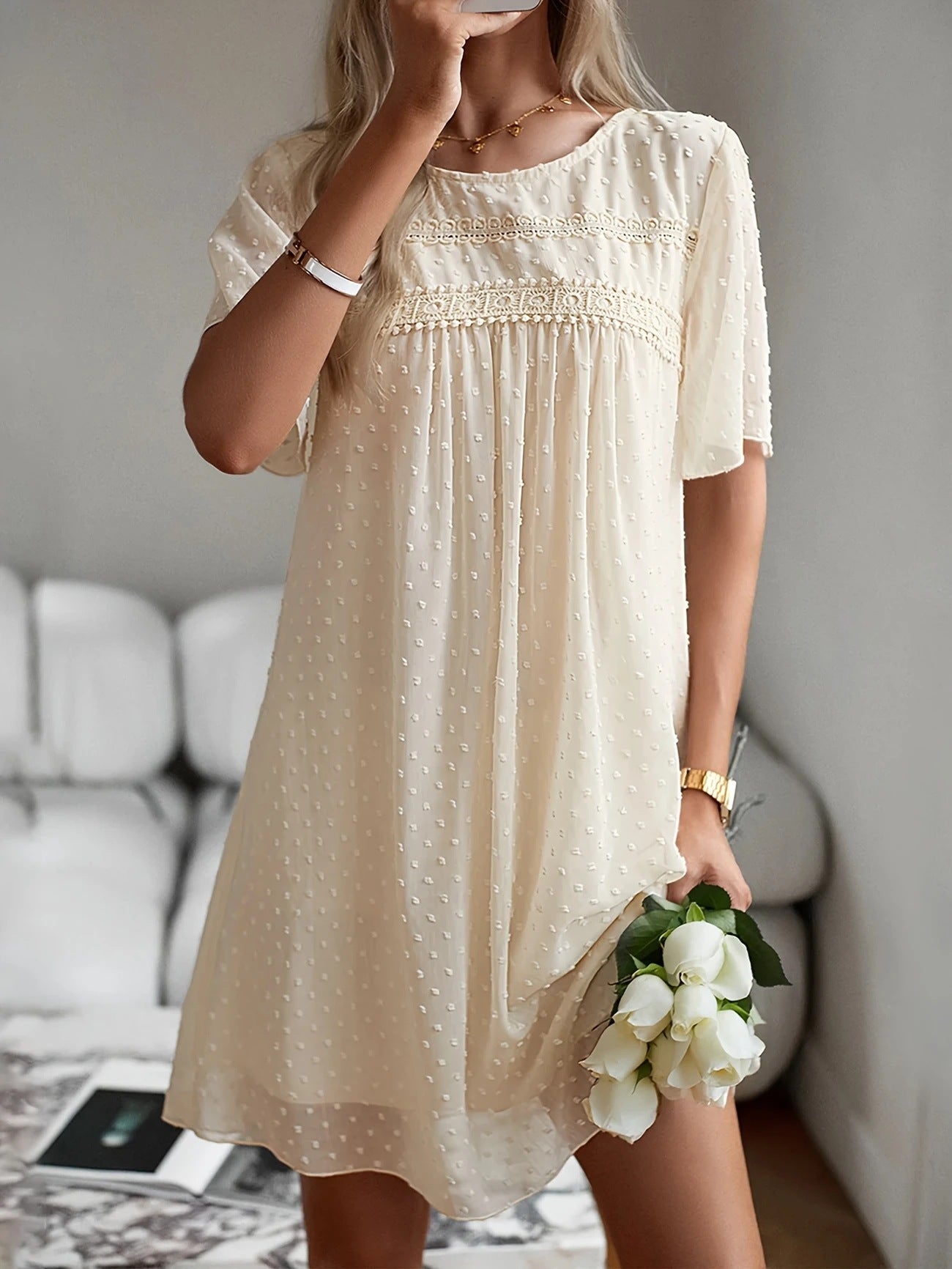 Smock Mini Dress with Swiss Dot Texture and Lace Trim