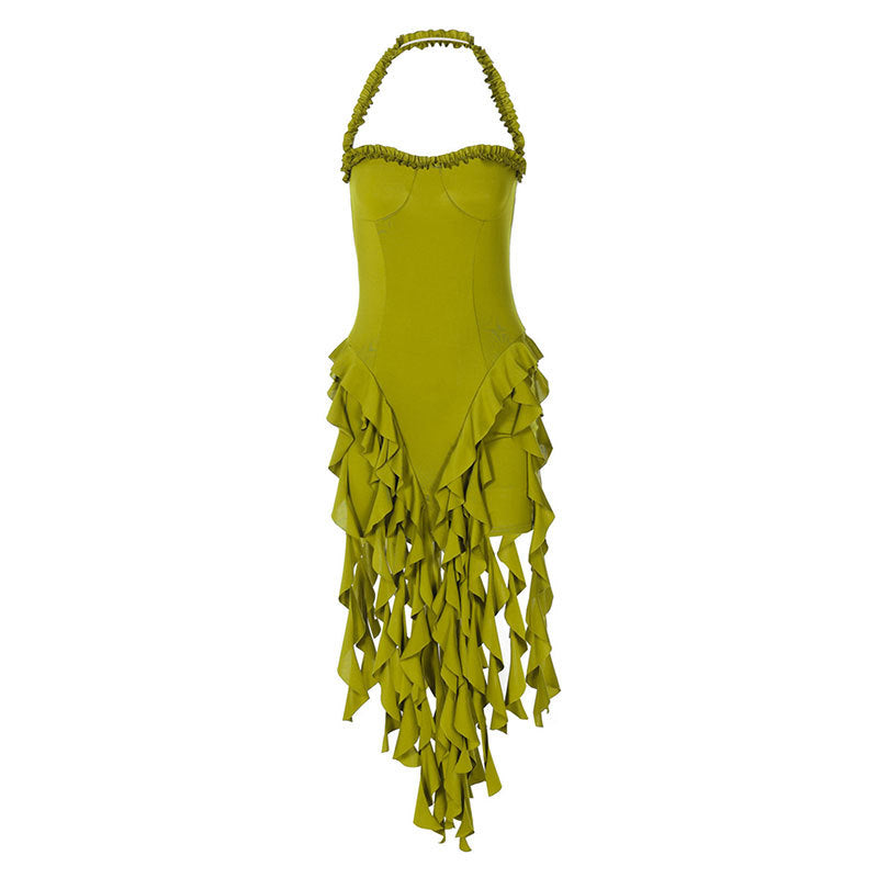 Bodycon Mini Dress with Halter Neck and Tassel Hem