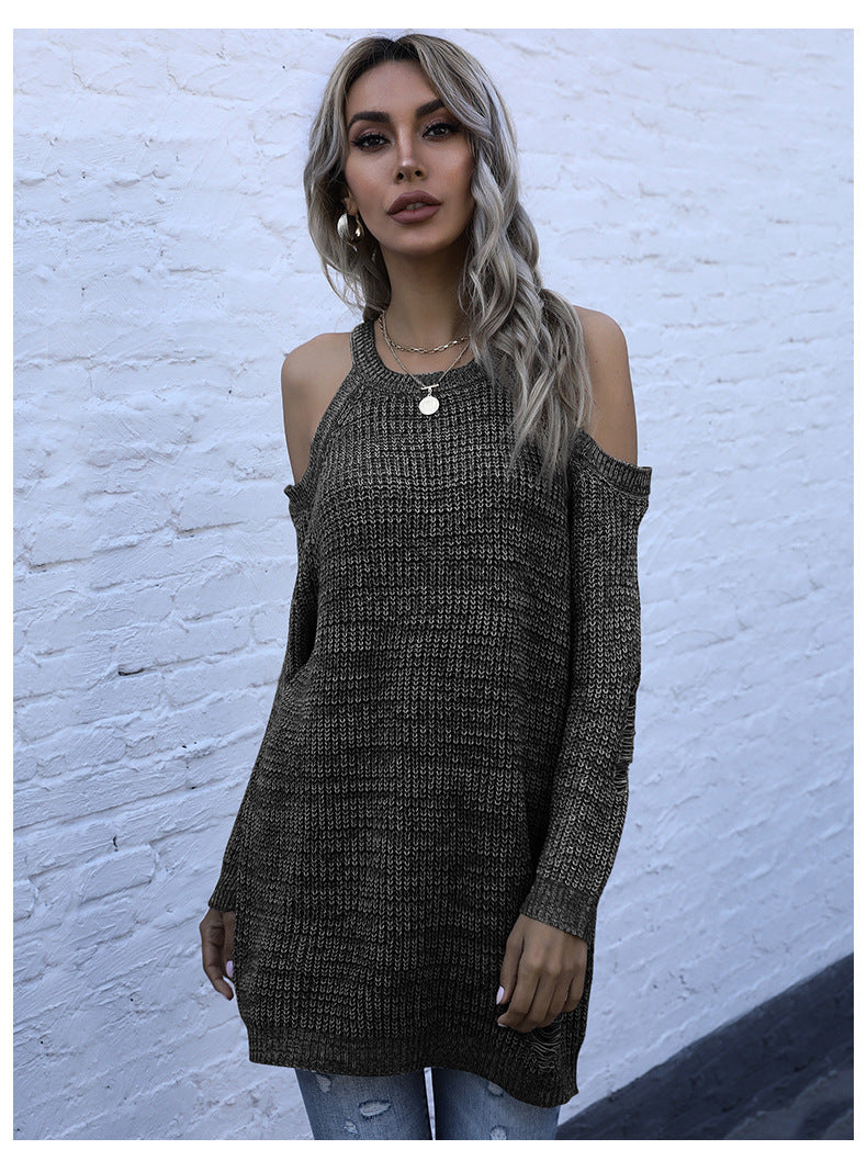 Solid Knit Tunic with Cold Shoulder and Crewneck
