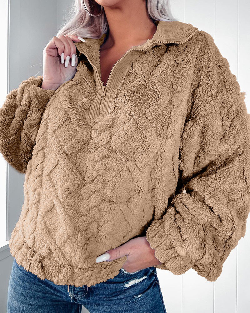 Quilted Plush Pullover with Half-Zip Stand Collar