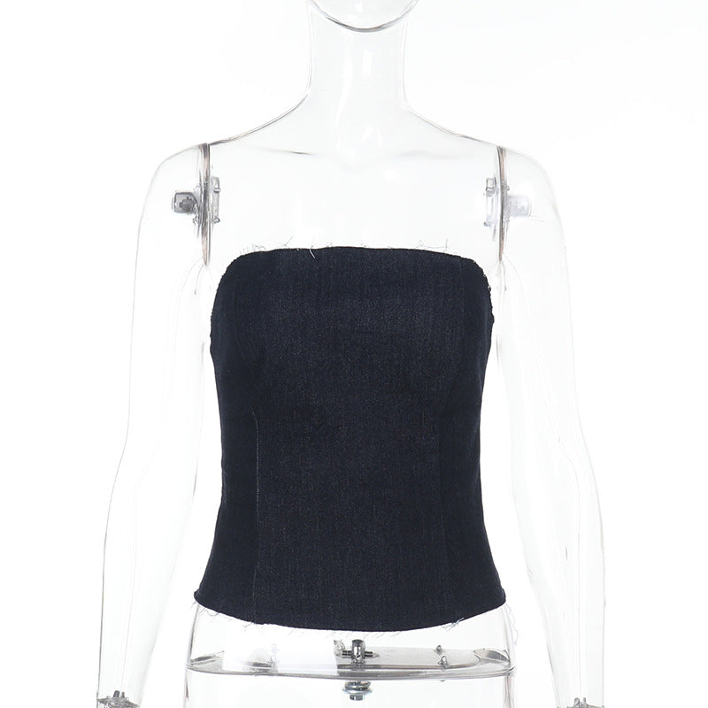 Slim Fit Strapless Denim Tube Top with Raw Edges