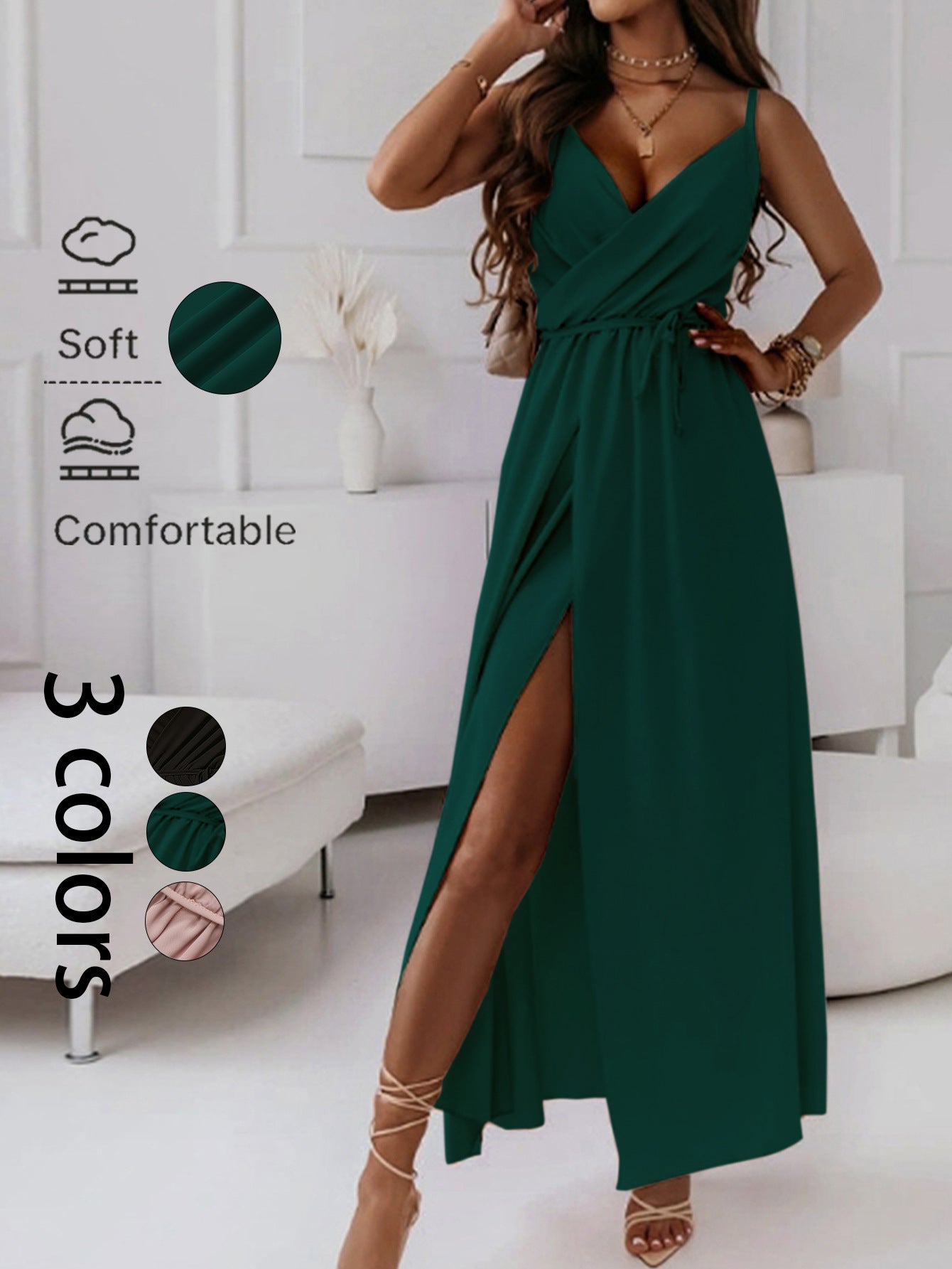 Sleeveless Wrap Maxi Dress with V-Neck and High Slit
