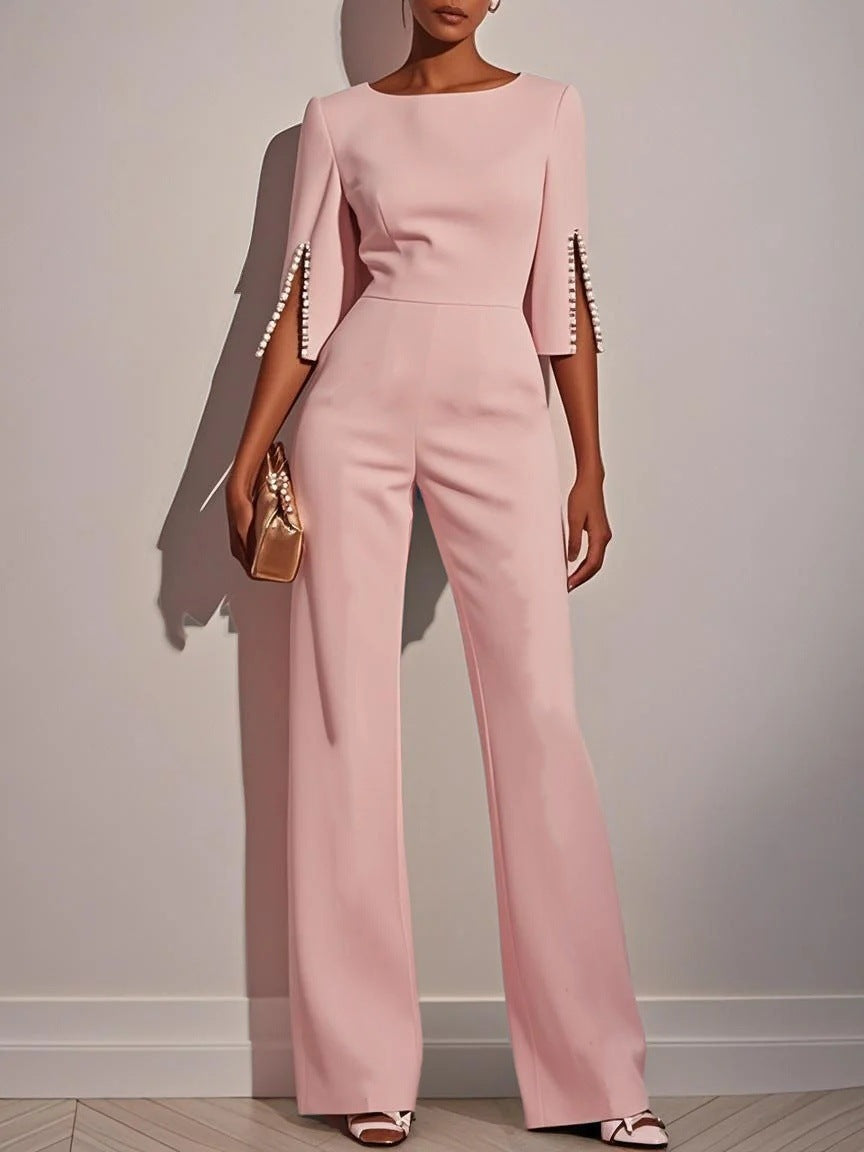 Wide-Leg Jumpsuit with Three-Quarter Pearl Split Sleeves