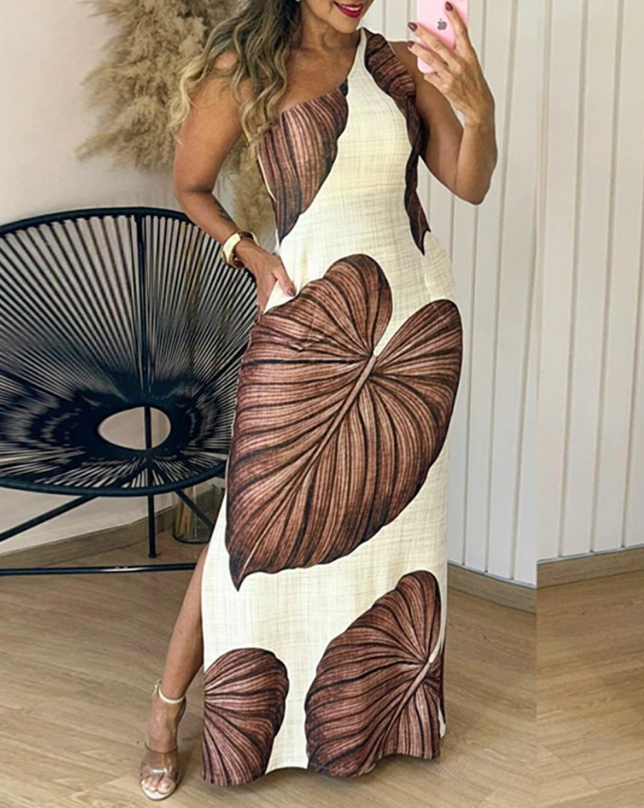 Tropical Leaf Print Maxi Dress with One-Shoulder