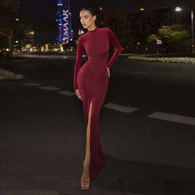 Long-Sleeve Bodycon Maxi Dress with Ruched Waist and High Slit