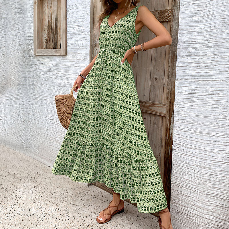 Geometric Print Midi Dress with V-Neck and Tie Waist