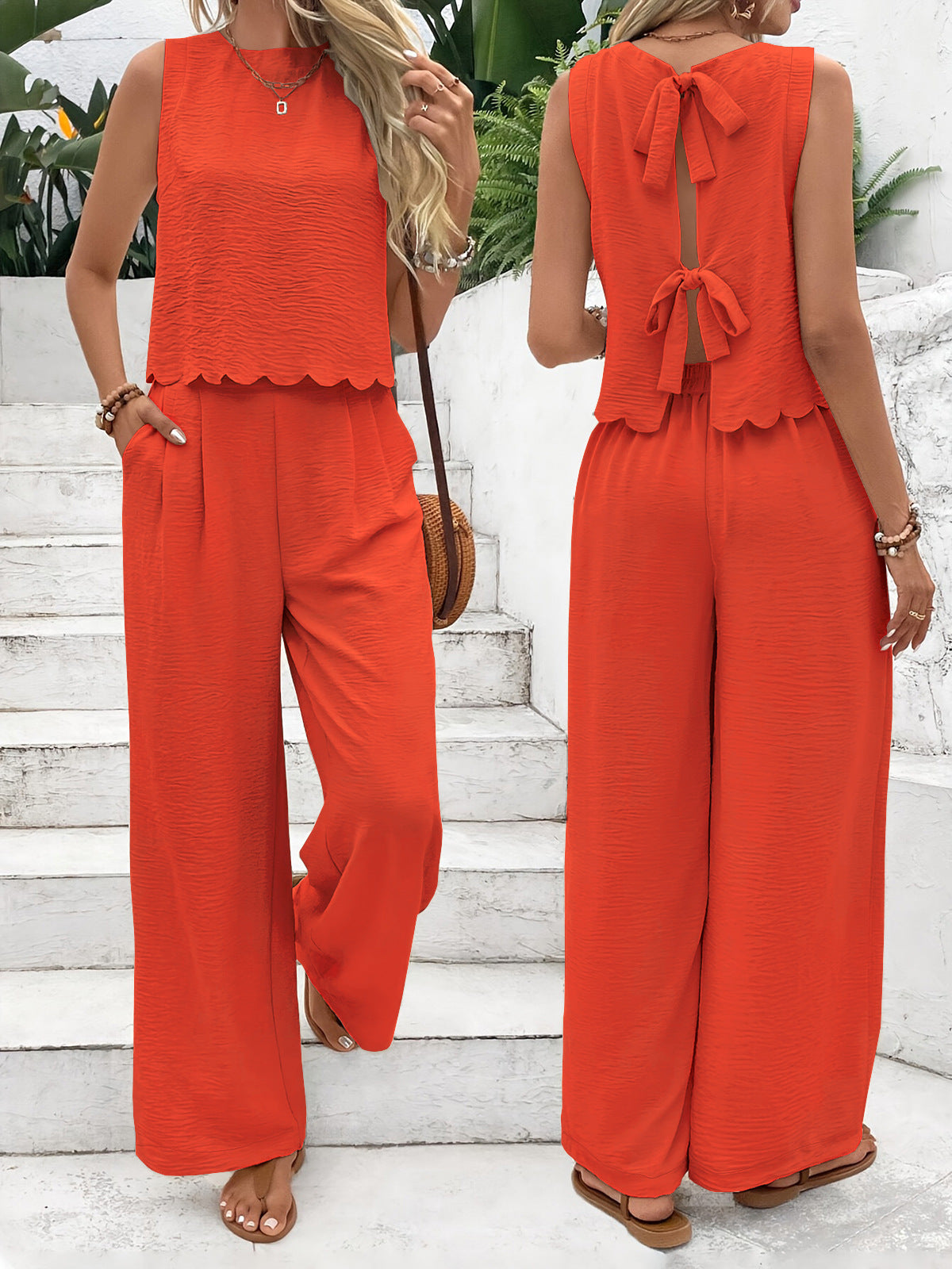 Textured Sleeveless Pants Set with Scalloped Hem and Tie-Back