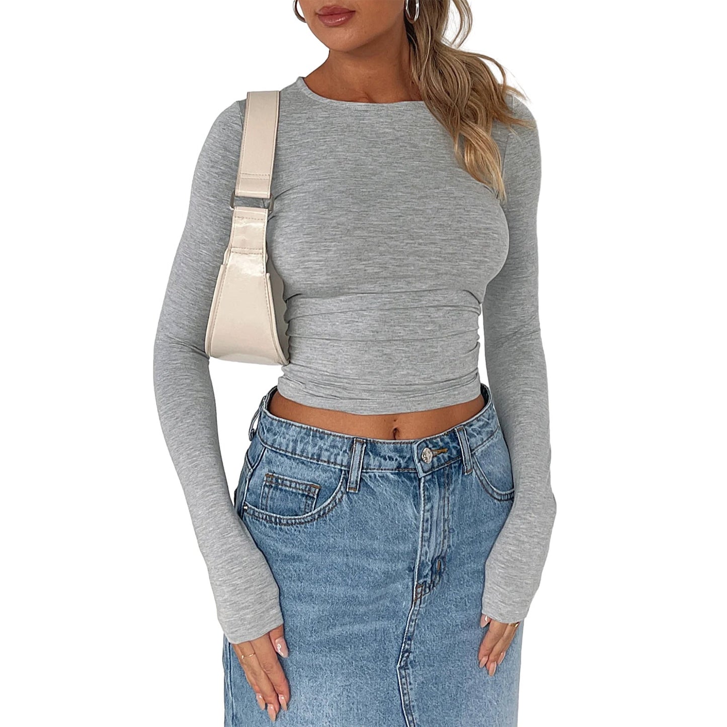 Slim Fit Long Sleeve Crewneck Top in Solid Colors