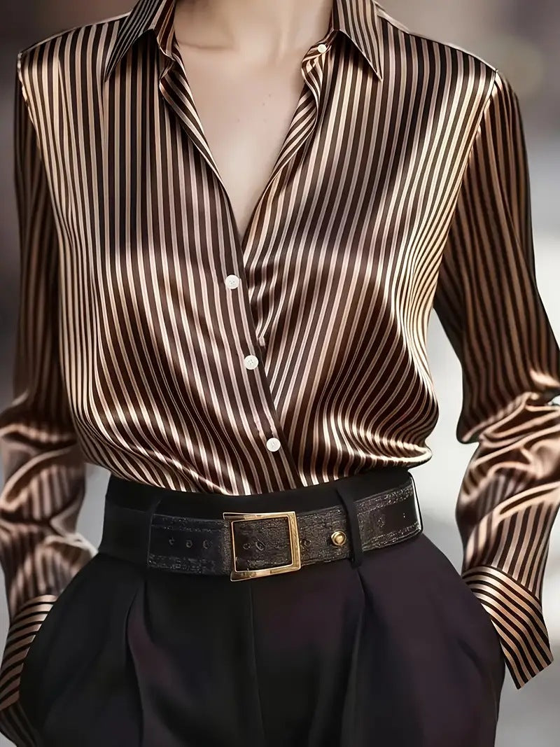 Silky Striped Blouse with Crossover V-Neck