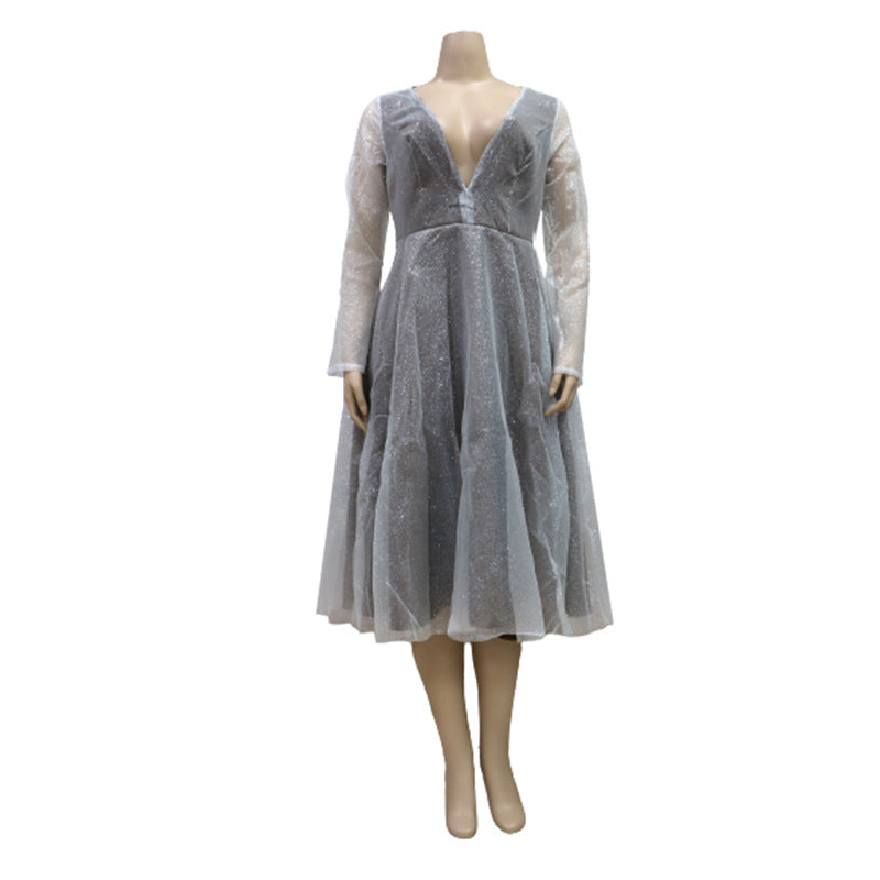 Glitter A-Line Midi Dress with Deep V-Neck