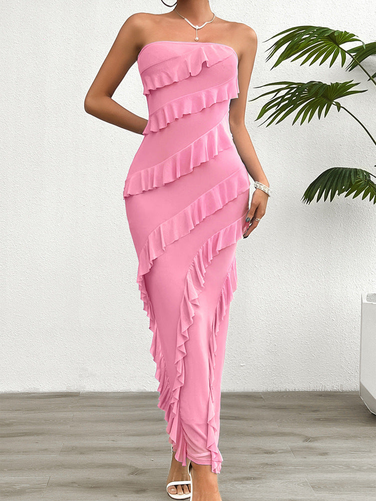 Solid Bodycon Maxi Dress with Tube Top and Cascading Ruffles