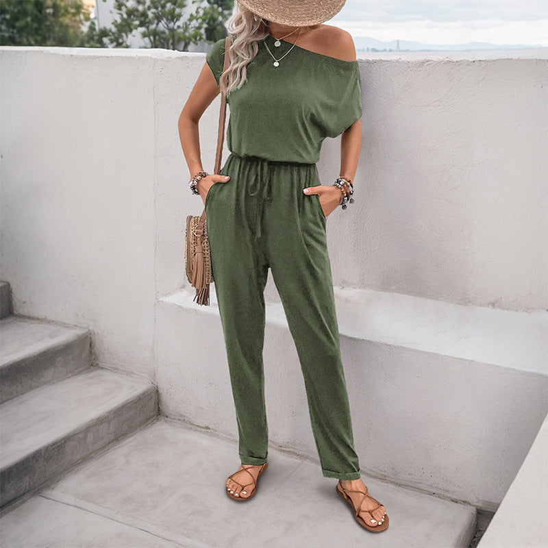 Relaxed Fit Jumpsuit with Off-Shoulder and Drawstring Waist