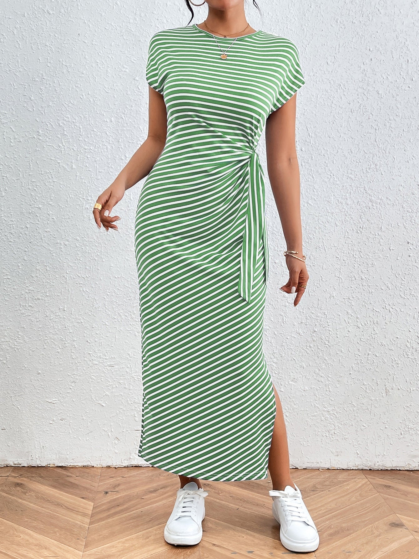 Striped Bodycon Maxi Dress with Side Tie and Slit