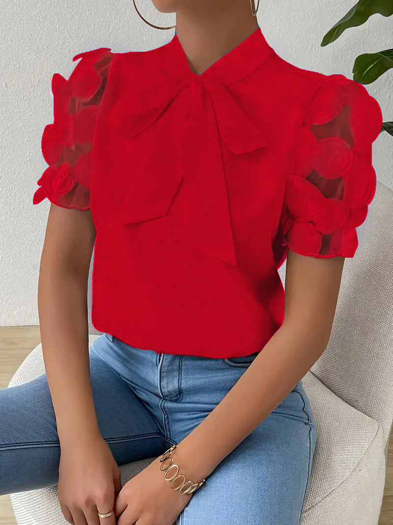 Solid Blouse with Pussy Bow Collar and Applique Puff Sleeves