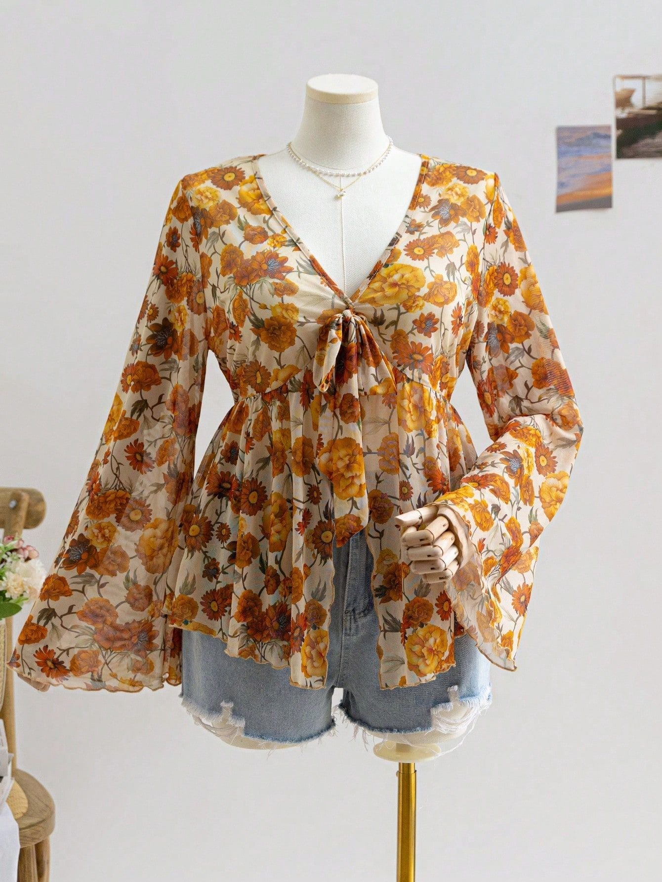 Sheer Printed V-Neck Top with Tie-Front and Bell Sleeves
