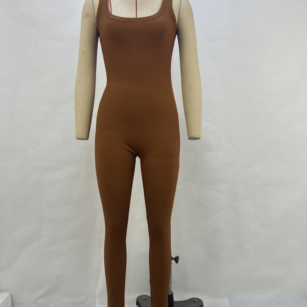 Sleeveless Ribbed Bodycon Jumpsuit with Square Neckline