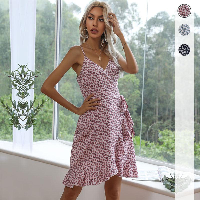 Floral Print Wrap Dress with Spaghetti Straps