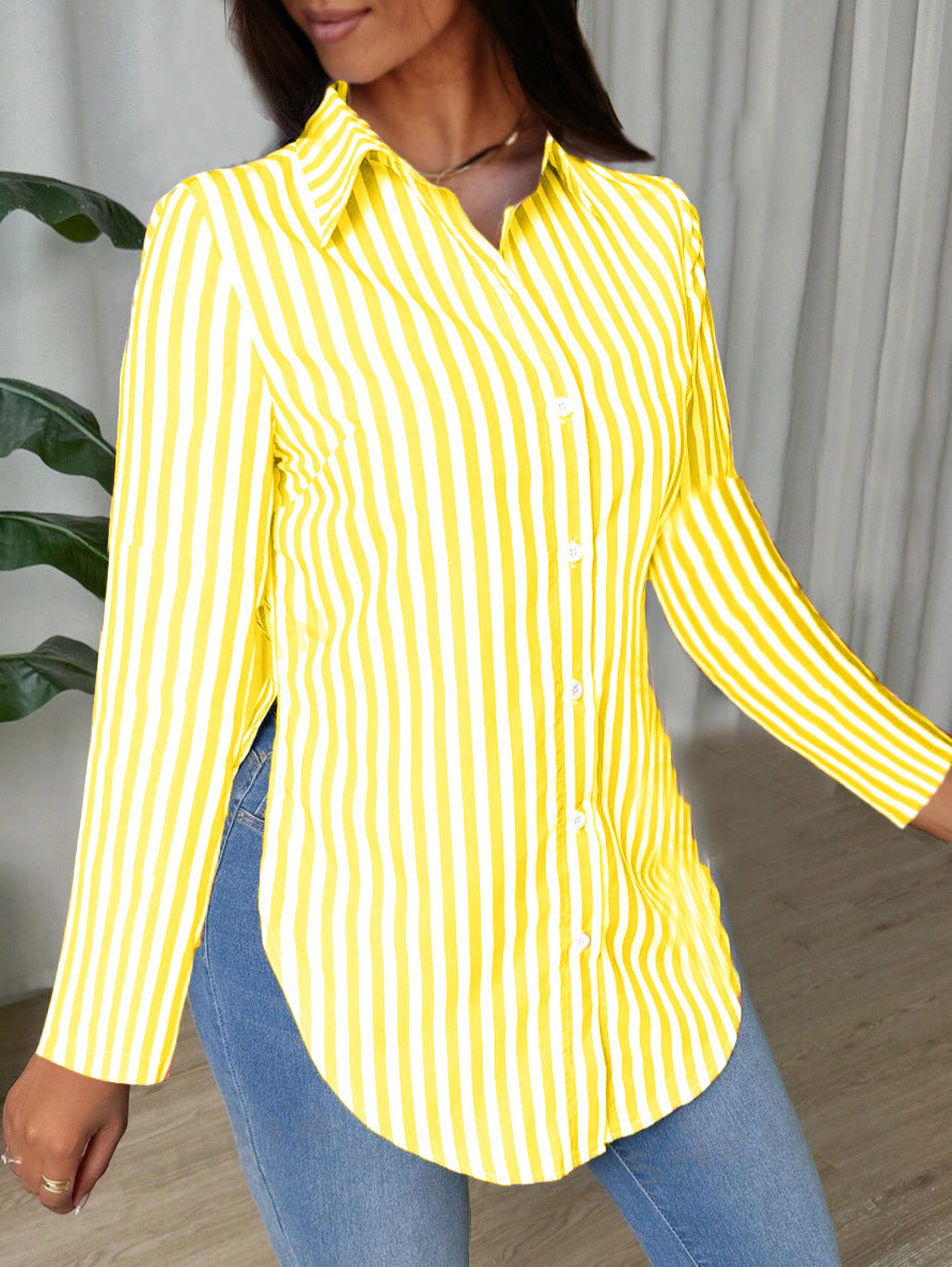 Striped Shirt with Long Sleeves and Curved Hem