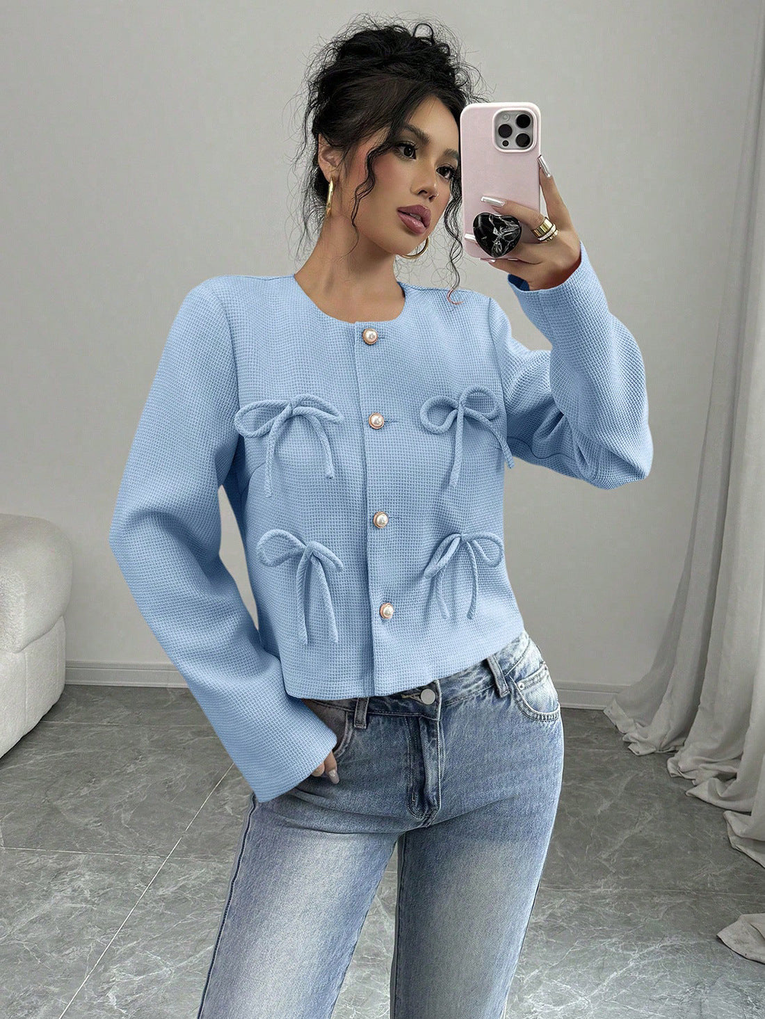 Cropped Textured Jacket with Bow Details and Pearl Buttons