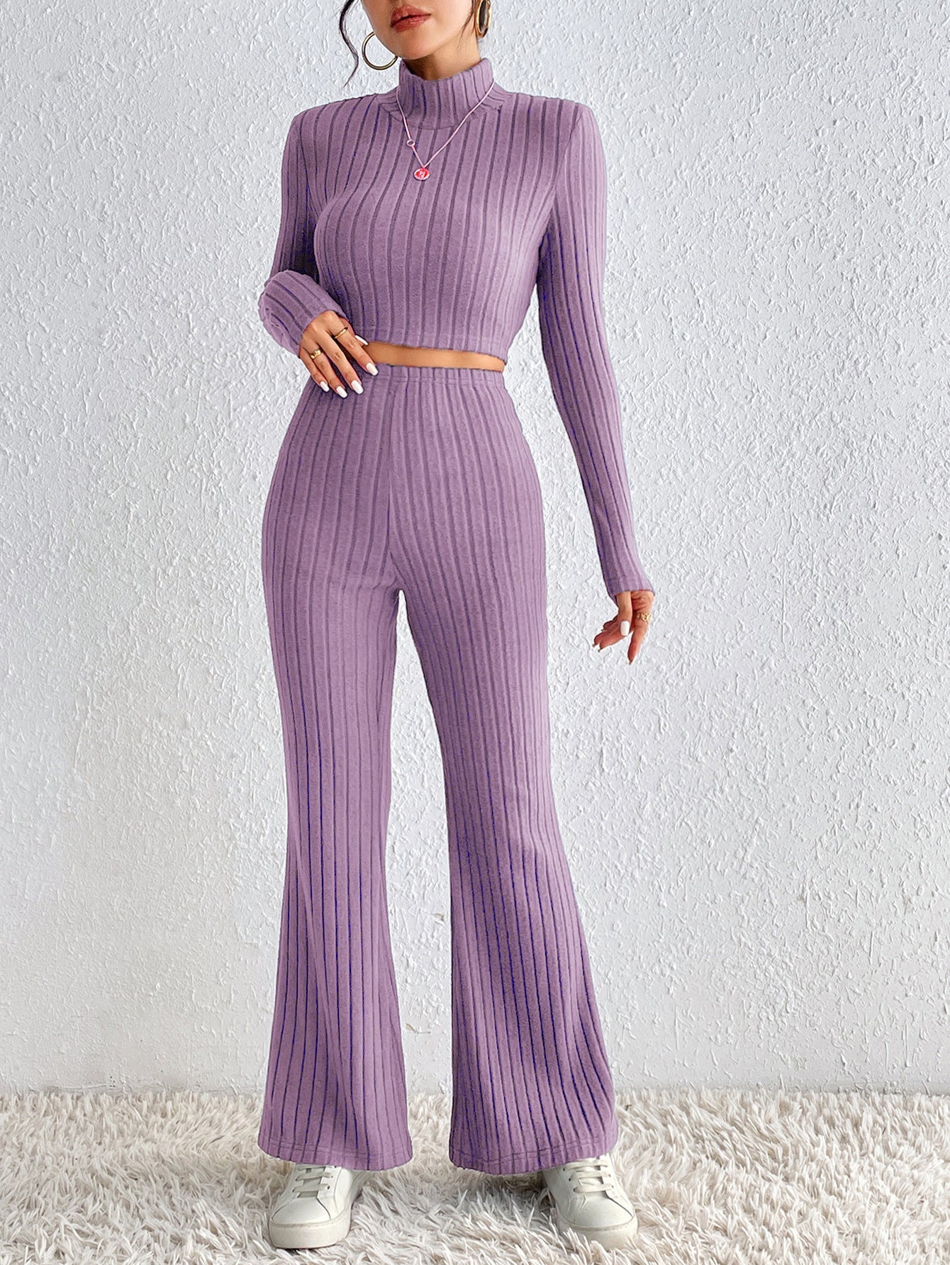 Ribbed Knit Two-Piece Set with Turtleneck and Wide-Leg Pants
