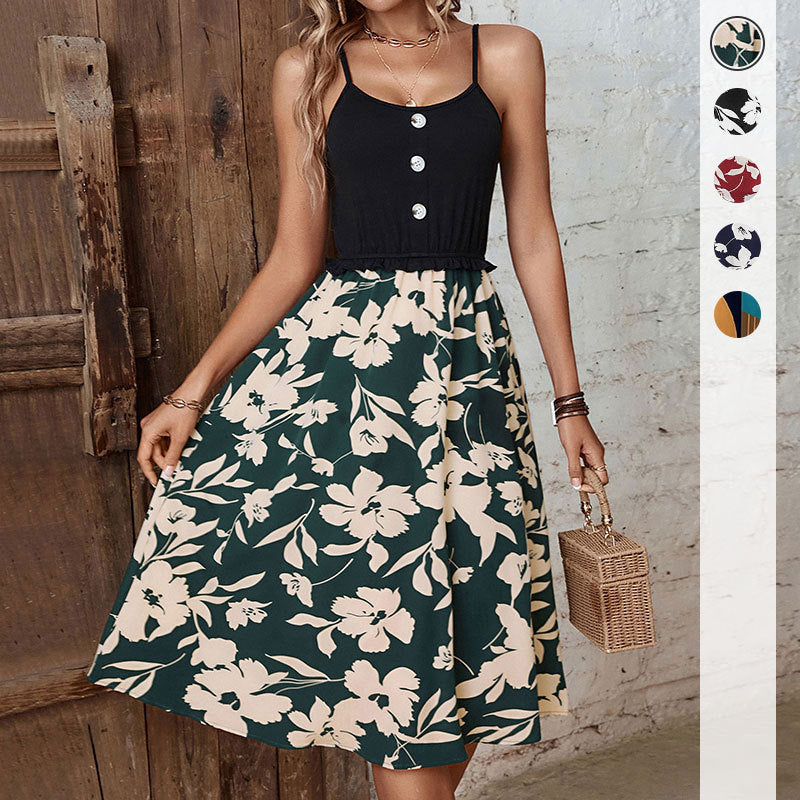 A-Line Floral Midi Dress with Patchwork Bodice