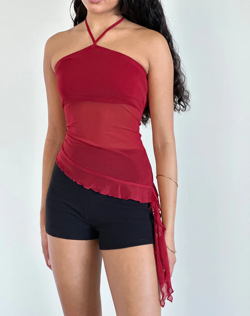 Asymmetrical Halter Crop Top with Mesh Panel and Ruffle Trim
