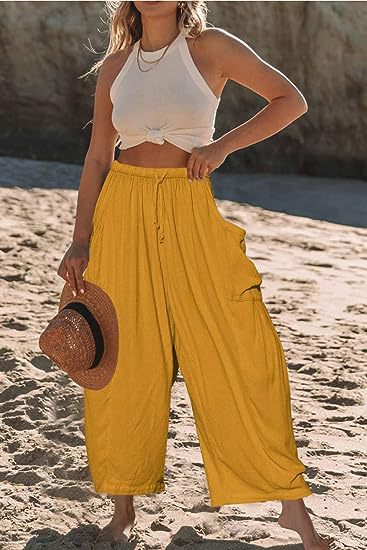 Wide-Leg Pleated Pants with Drawstring Waist and Patch Pockets