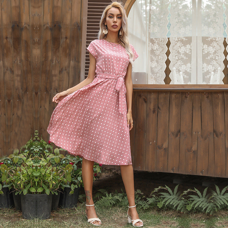 Polka Dot Pleated Midi Dress with Self-Tie Belt