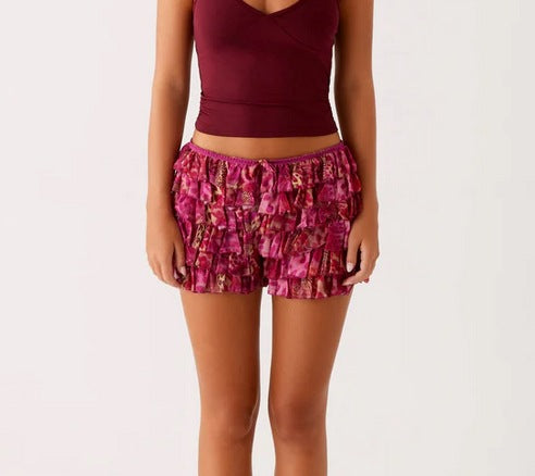 Low-Rise Tiered Ruffle Skort in Floral Print
