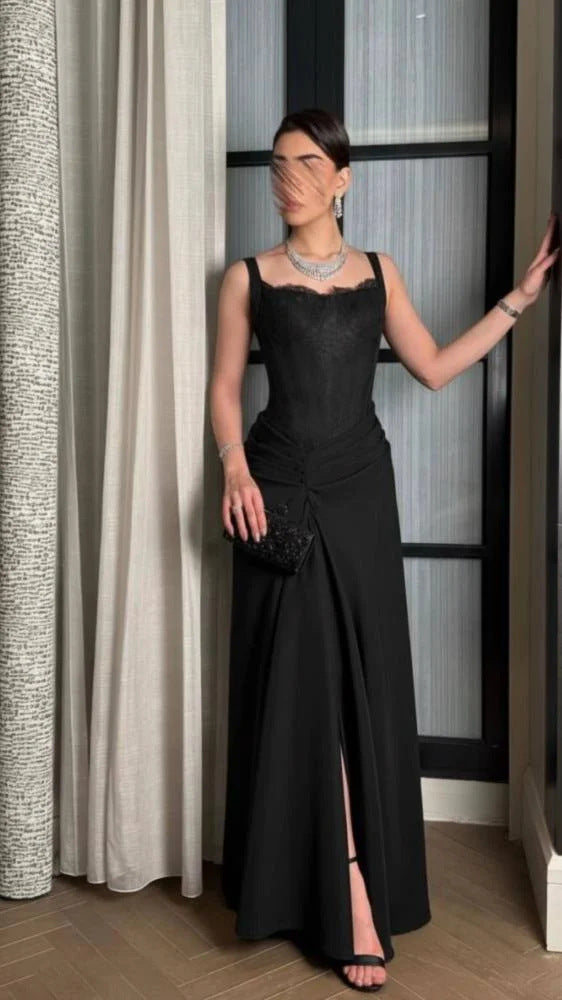 Sleeveless Evening Gown with Corset Lace Bodice and Draped Skirt