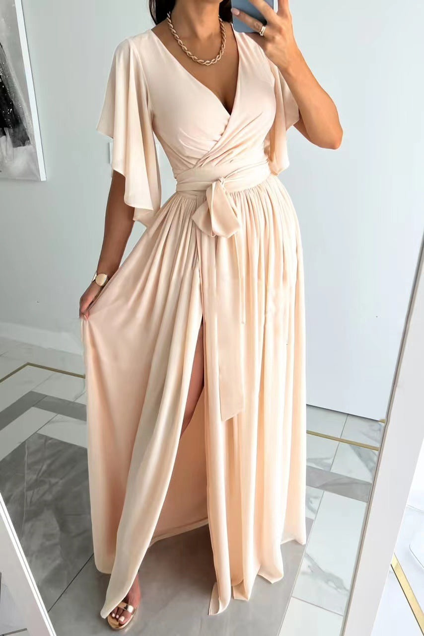 Solid Maxi Dress with Wrap V-Neck, Tie-Waist, and Slit