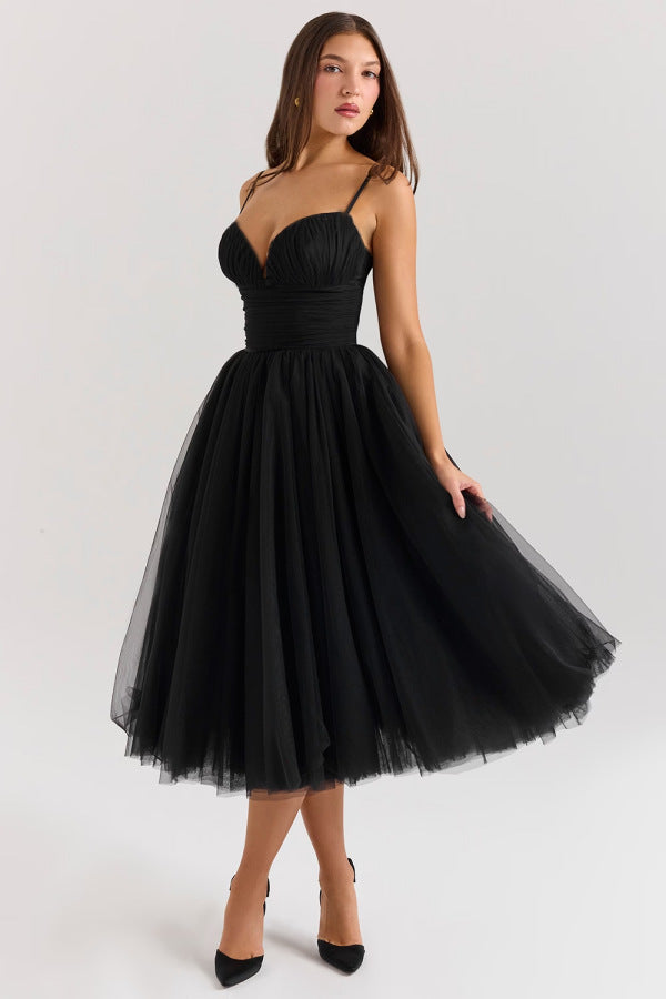 Fit & Flare Midi Dress with Sweetheart Neckline and Tulle Skirt