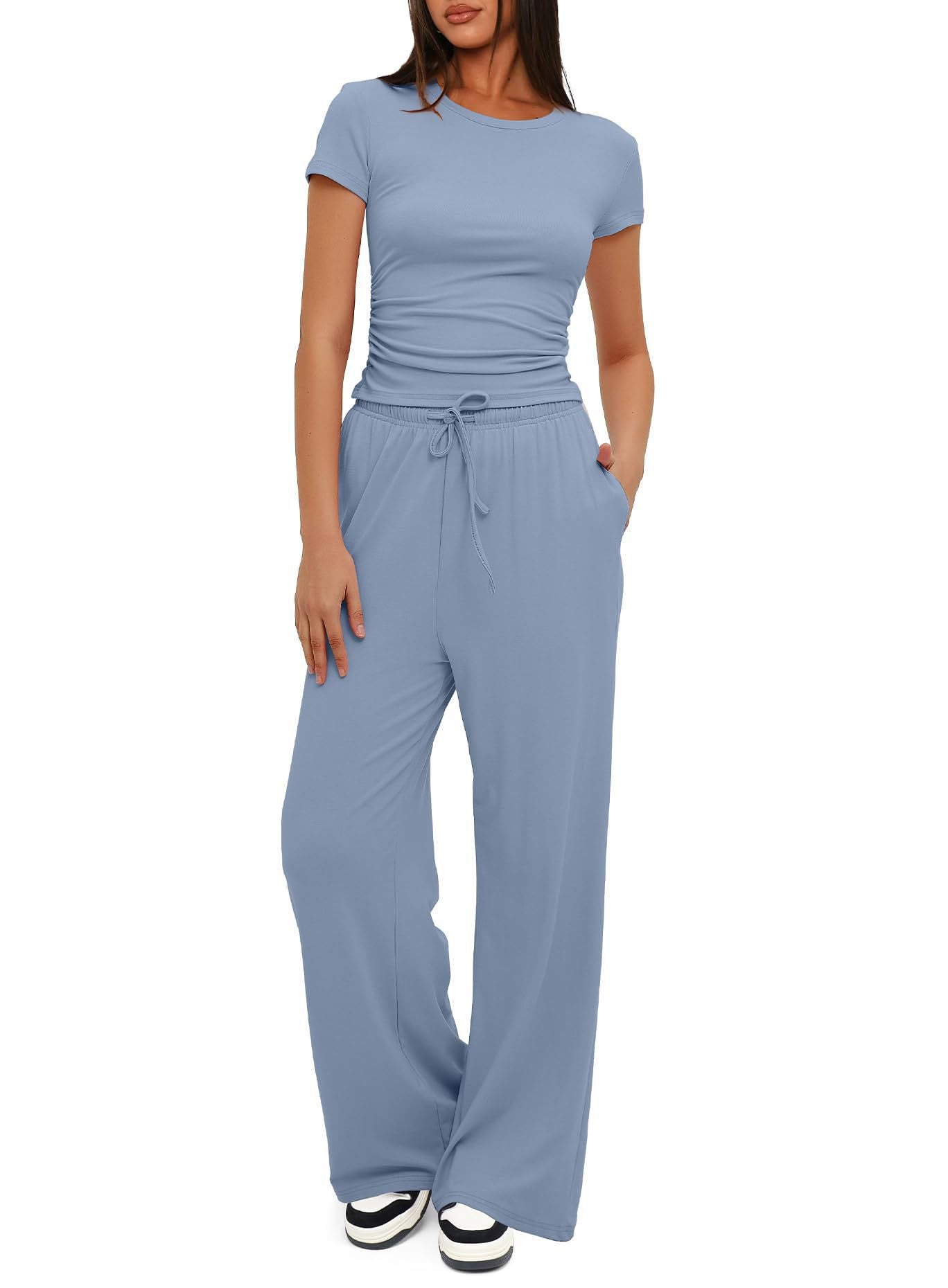 Solid Modal Two-Piece Set with Ruched Top and Wide-Leg Pants