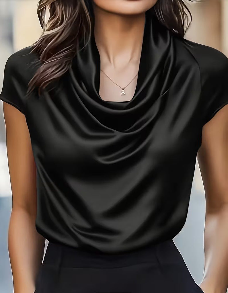 Solid Draped Short Sleeve Top with Cowl Neck