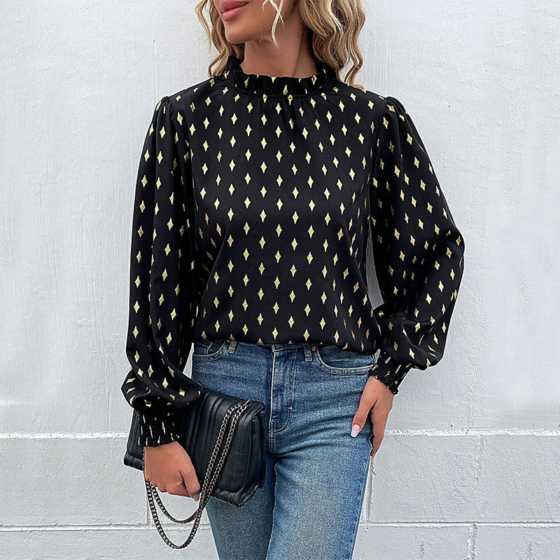 Bronzing Diamond Print Blouse with Mock Neck and Smocked Cuffs