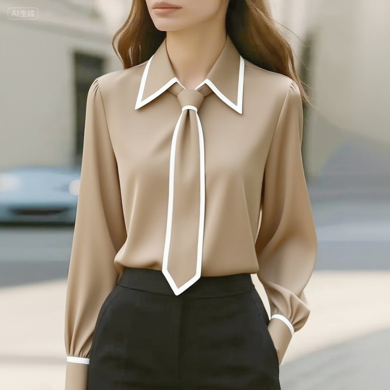 Piped Long-Sleeve Blouse with Integrated Tie Design
