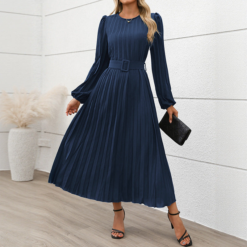 Solid Pleated Midi Dress with Lantern Sleeves and Belt