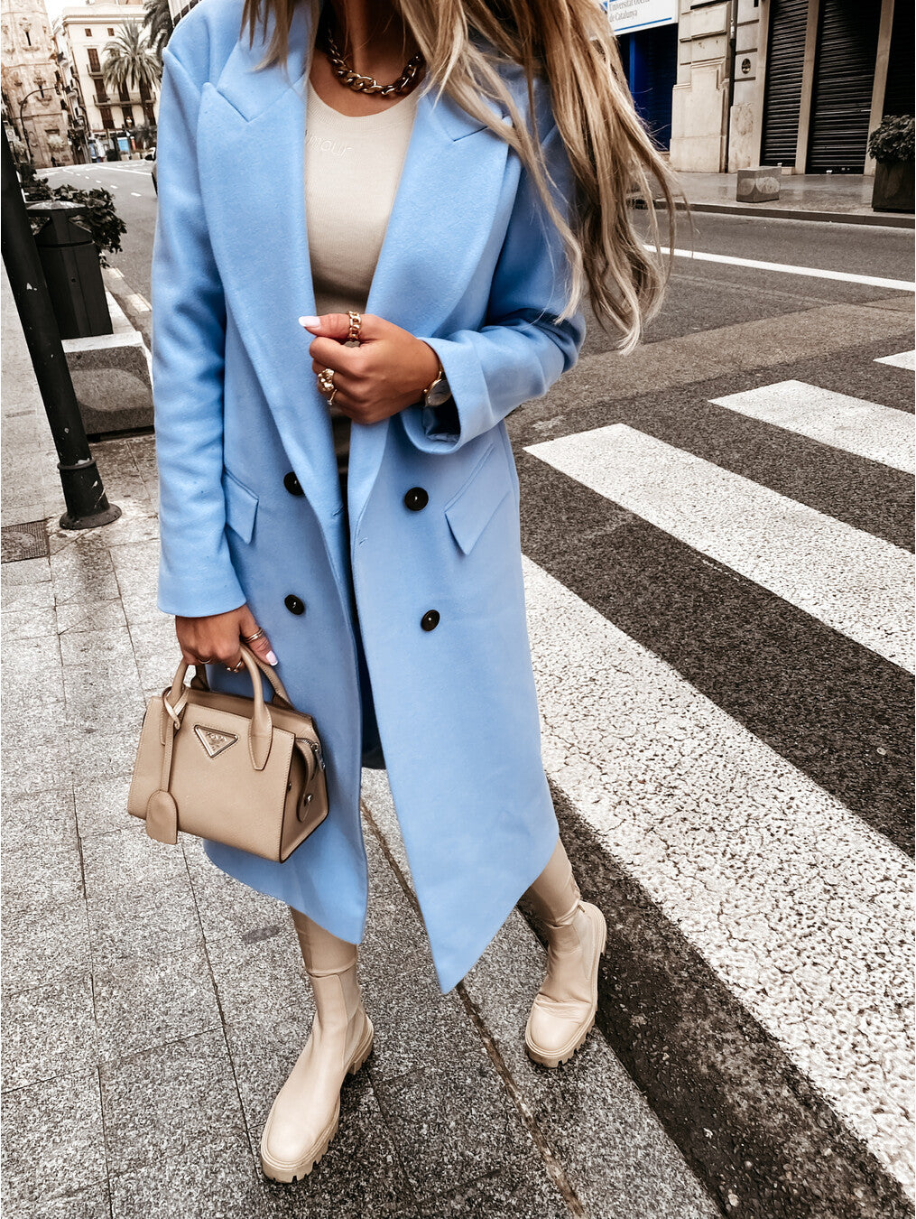 Solid Double-Breasted Midi Coat with Notched Lapel