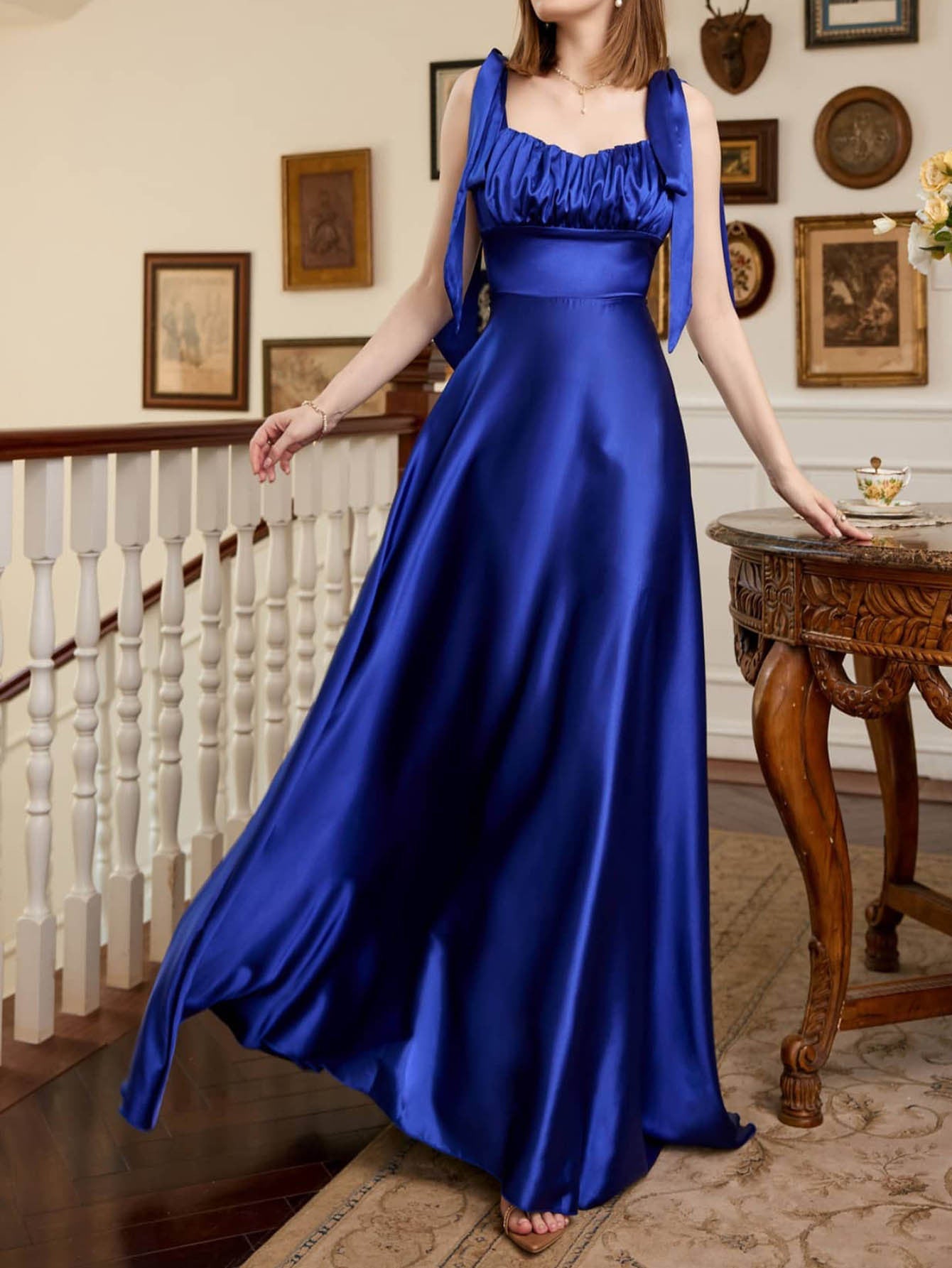 Satin Maxi Dress with Tie-Shoulder Straps and Ruched Bust