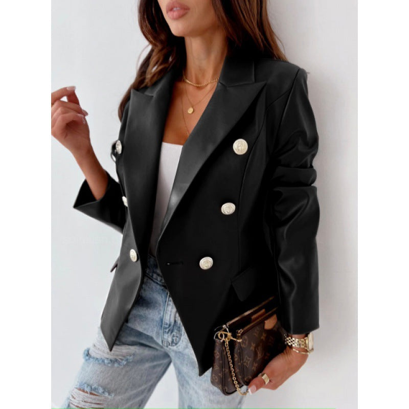 Faux Leather Double-Breasted Blazer with Notched Lapel