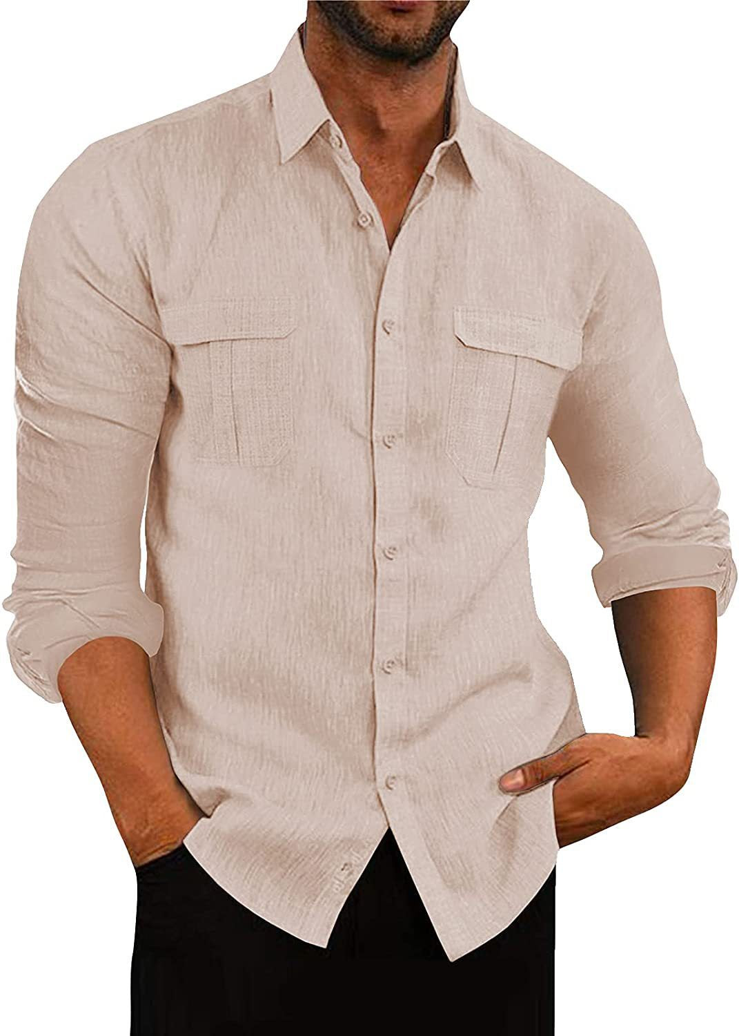 Solid Cotton Linen Shirt with Double Chest Pockets