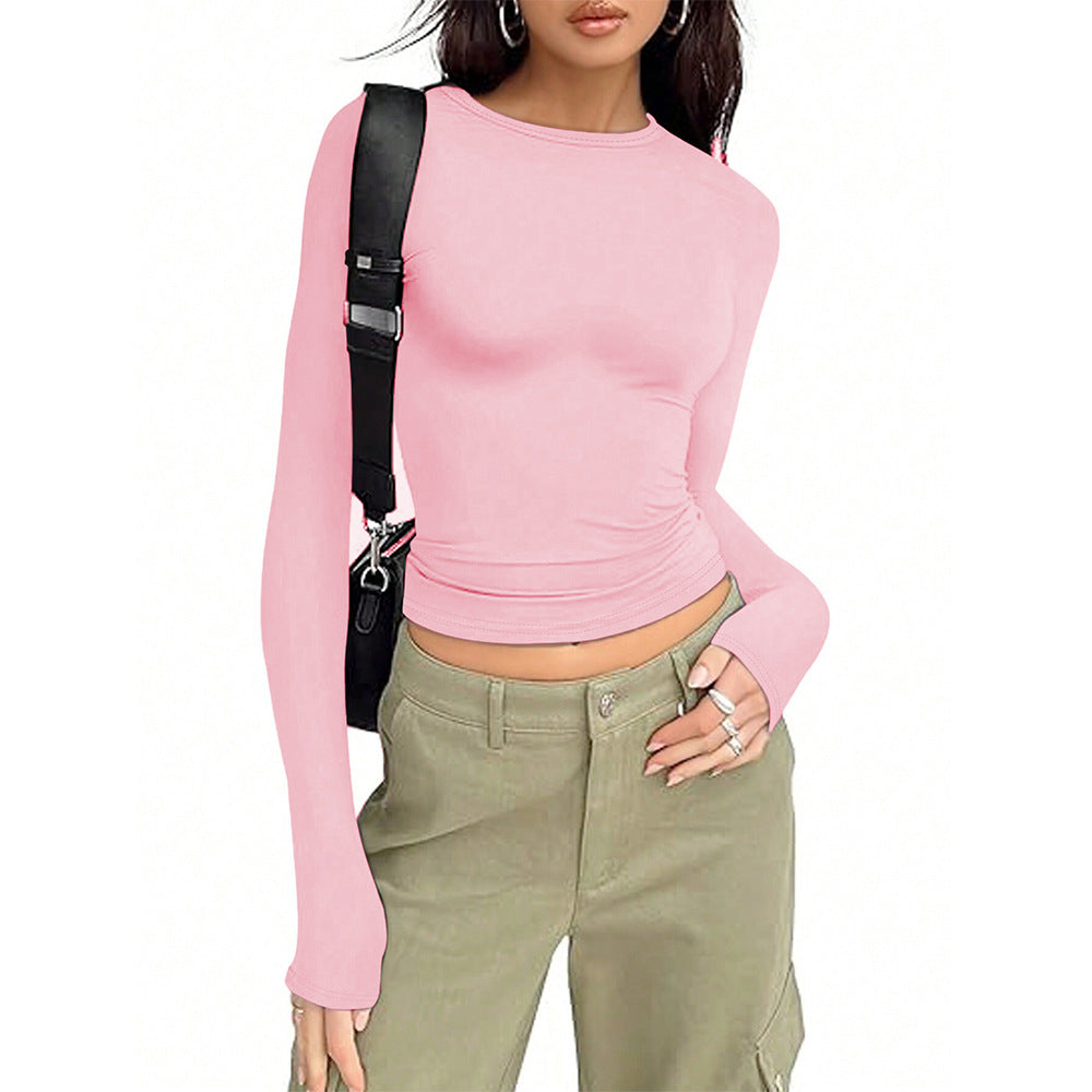 Slim Fit Cropped Long Sleeve Top with Round Neck