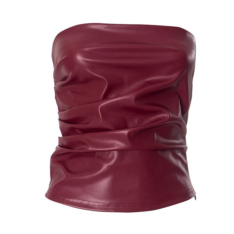 Faux Leather Strapless Tube Top with Pleated Front