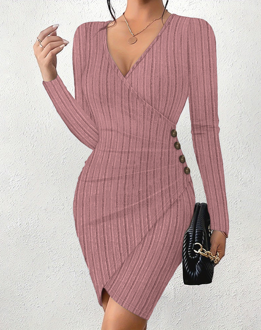 Ribbed Wrap Dress with V-Neck and Side Buttons