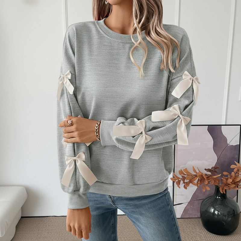 Loose Solid Sweatshirt with Bowknot Sleeve Details