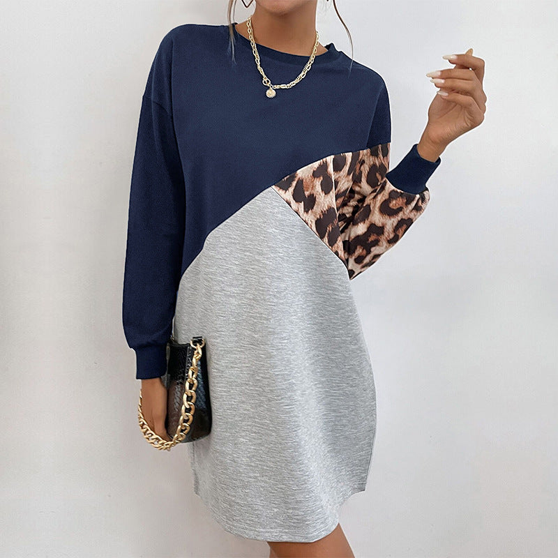 Diagonal Color Block Sweatshirt Dress with Leopard Print